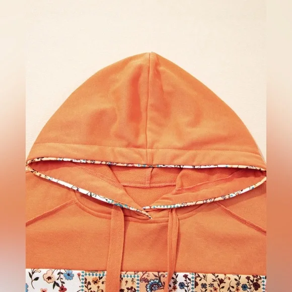 NWT Women’s Floral Patchwork Hoodie with Drawstring Orange Size Large - Picture 5 of 8